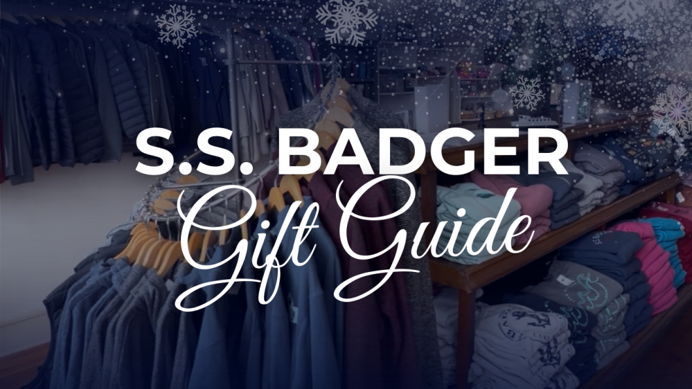 Clothing store with 'S.S. Badger Gift Guide' text overlay and snowflake design.