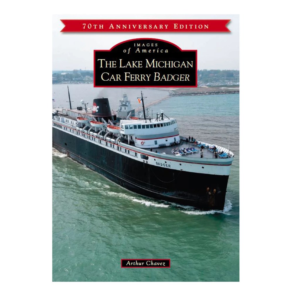 Book cover featuring 'The Lake Michigan Car Ferry Badger' with a photo of the ferry sailing.