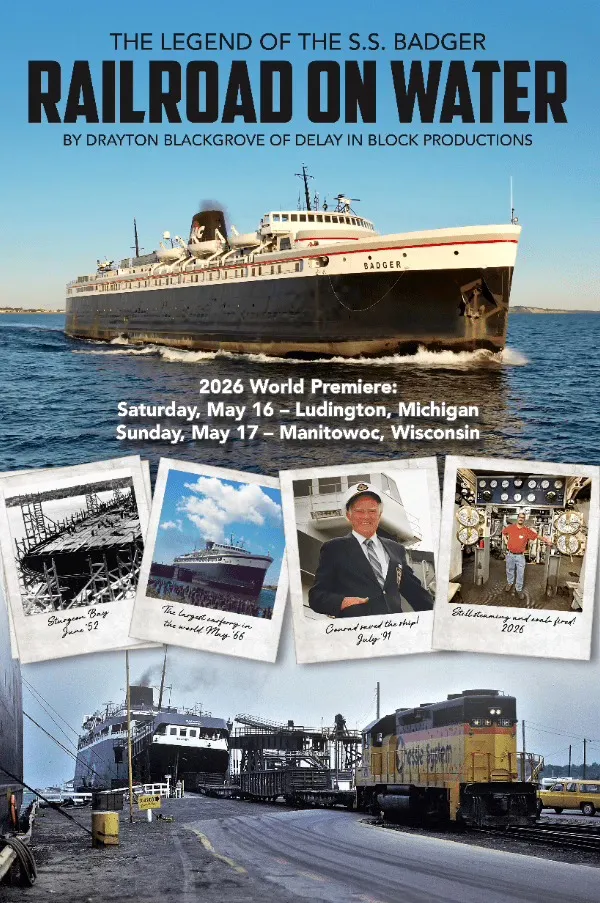 Poster for 'Railroad on Water' featuring a ship and train images with event details for 2026 premiere.