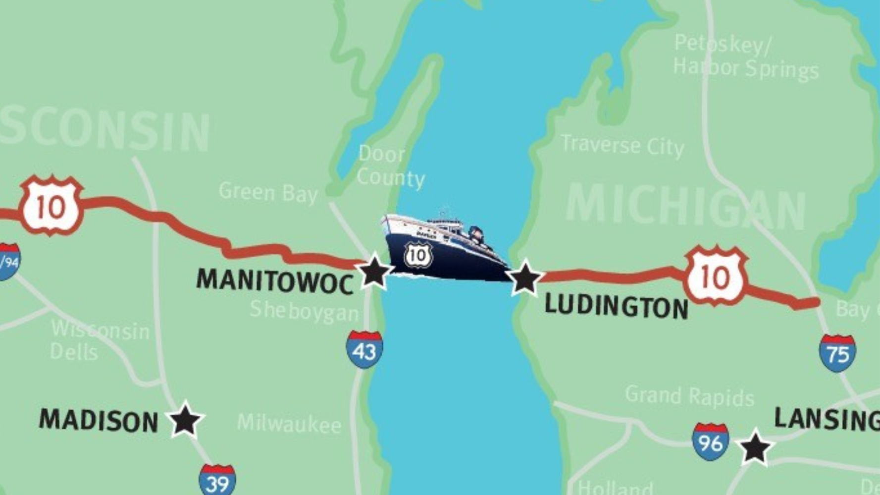 Map showing a ferry route across Lake Michigan from Manitowoc to Ludington.