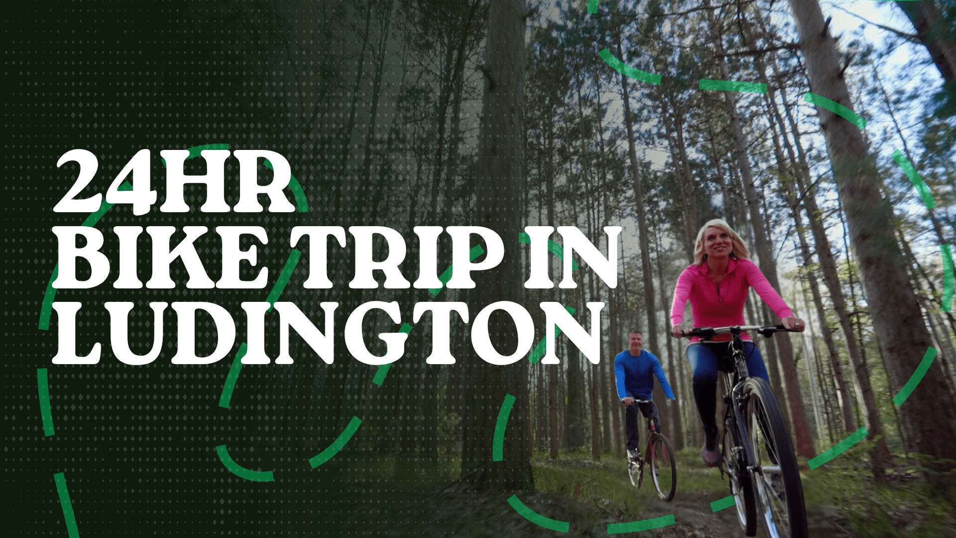 Two people biking in a forest with text: '24HR Bike Trip in Ludington'.